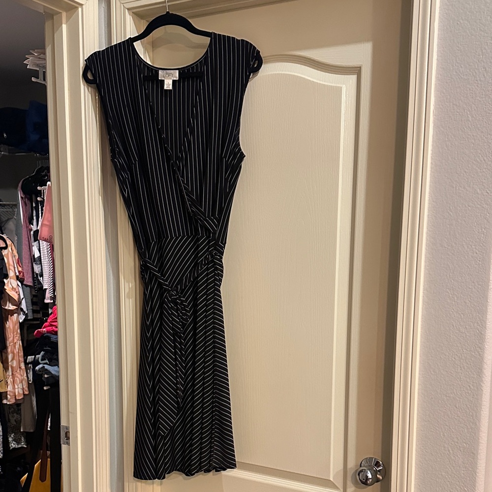 LOFT Black and White Striped Midi Dress